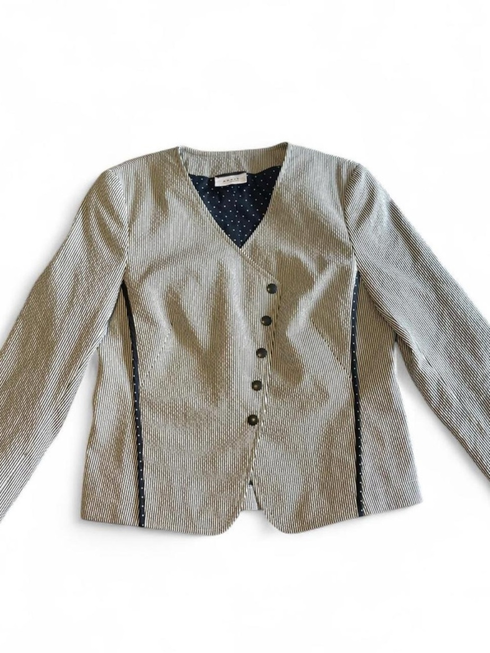 Akris Punto Black and White Striped Asymmetrical Cotton Blazer Size 8